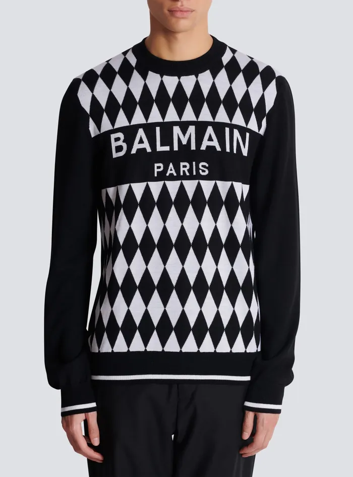 Balmain Knitwear Men Diamond Paris Twotone Jacquard Jumper Black