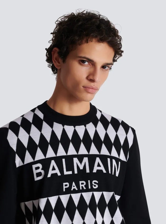 Balmain Knitwear Men Diamond Paris Twotone Jacquard Jumper Black