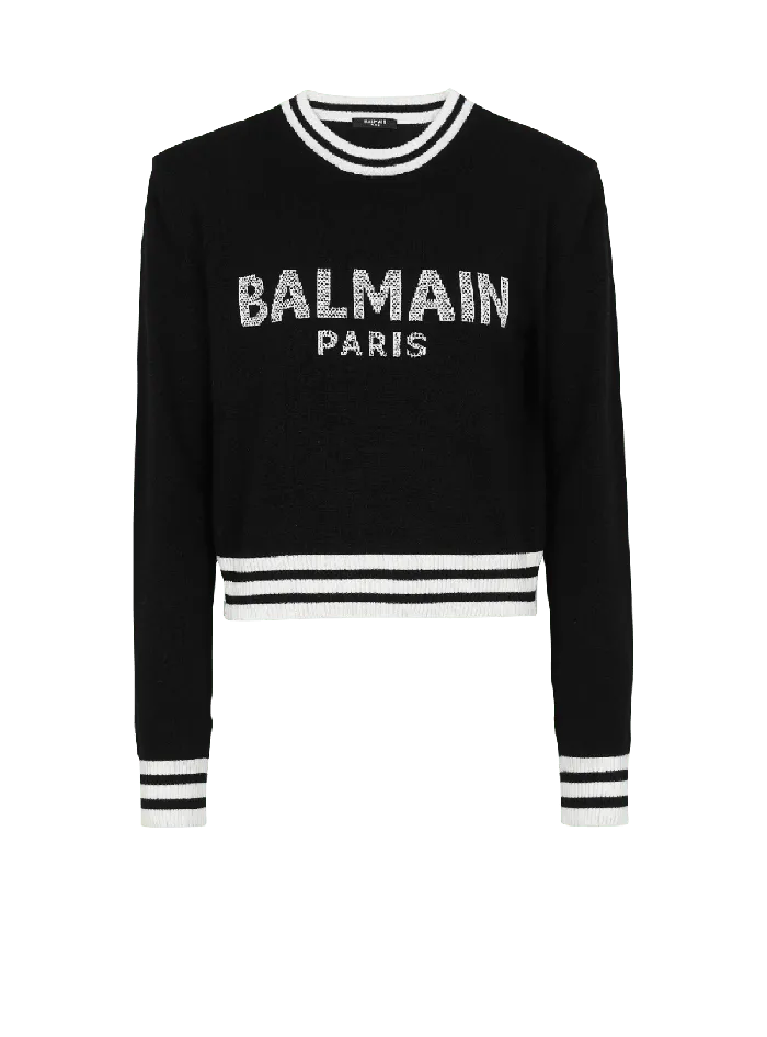 Balmain Knitwear Women Cropped Wool Sweatshirt With Logo Black
