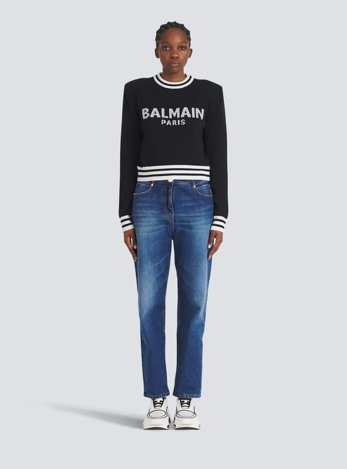 Balmain Knitwear Women Cropped Wool Sweatshirt With Logo Black