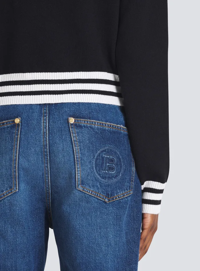Balmain Knitwear Women Cropped Wool Sweatshirt With Logo Black