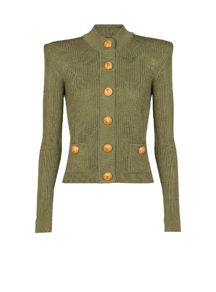 Balmain Knitwear Women Gingham Openwork Knit Cardigan Green