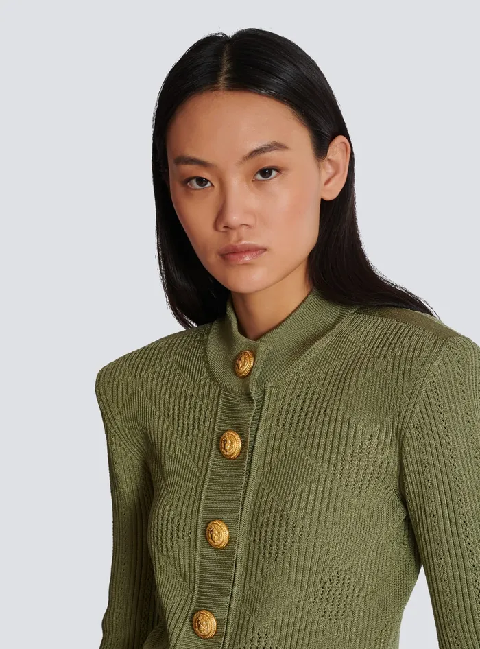 Balmain Knitwear Women Gingham Openwork Knit Cardigan Green