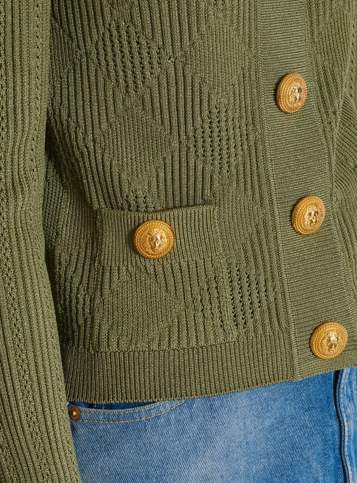 Balmain Knitwear Women Gingham Openwork Knit Cardigan Green