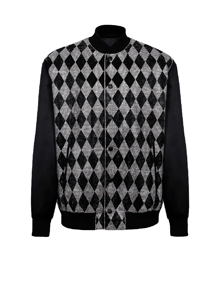 Balmain Outerwear Men Diamond Satin Bomber Jacket With Rhinestones Black