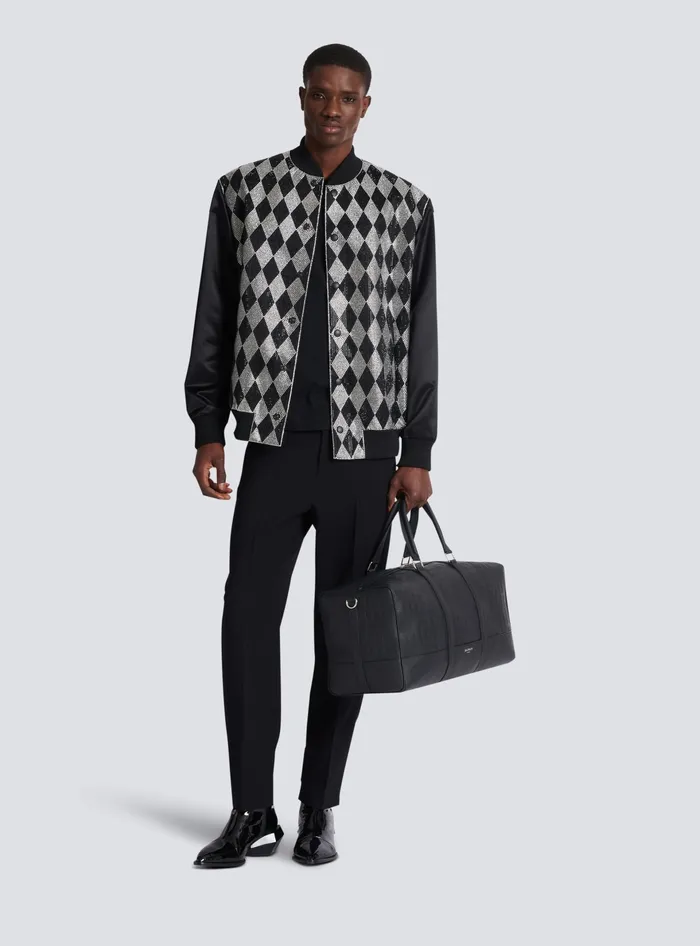 Balmain Outerwear Men Diamond Satin Bomber Jacket With Rhinestones Black