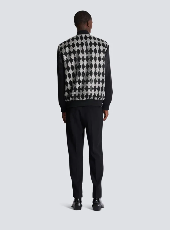 Balmain Outerwear Men Diamond Satin Bomber Jacket With Rhinestones Black