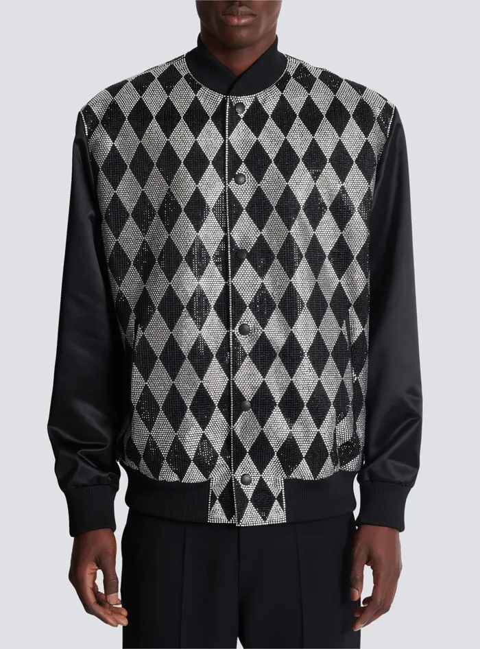 Balmain Outerwear Men Diamond Satin Bomber Jacket With Rhinestones Black