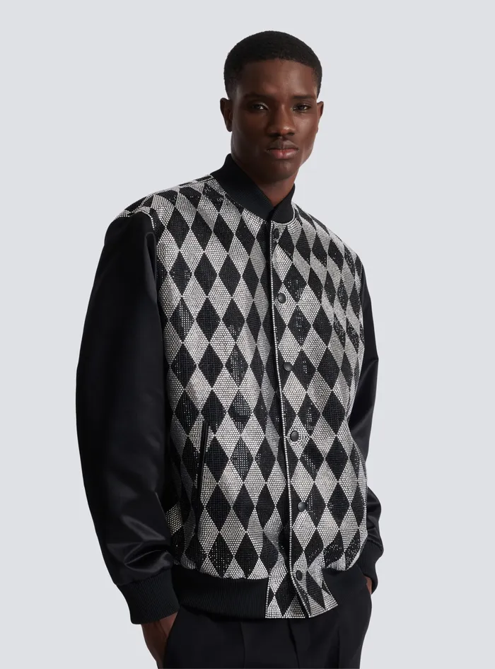 Balmain Outerwear Men Diamond Satin Bomber Jacket With Rhinestones Black