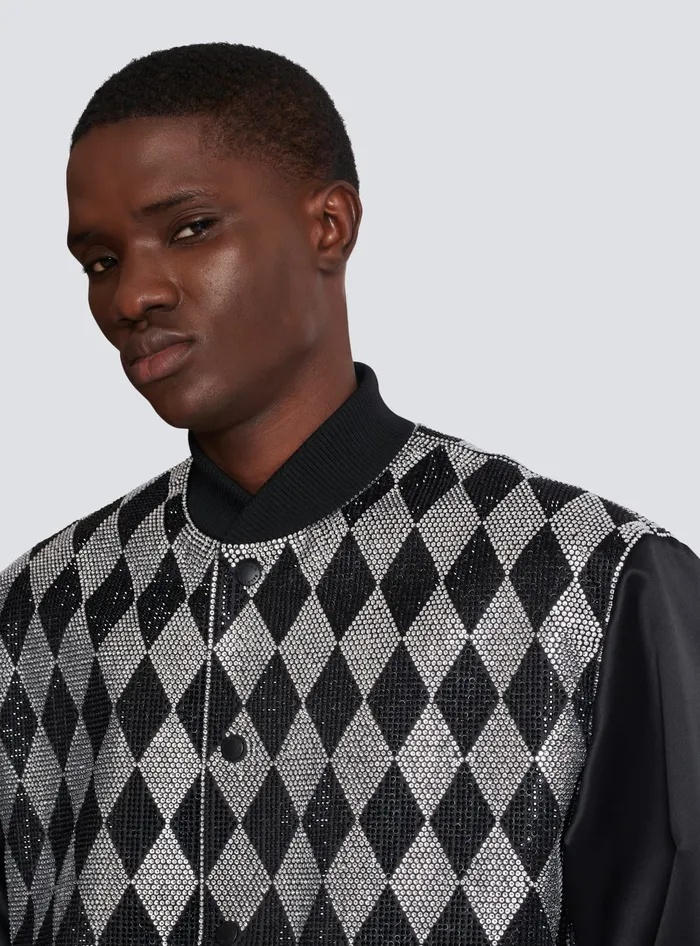 Balmain Outerwear Men Diamond Satin Bomber Jacket With Rhinestones Black