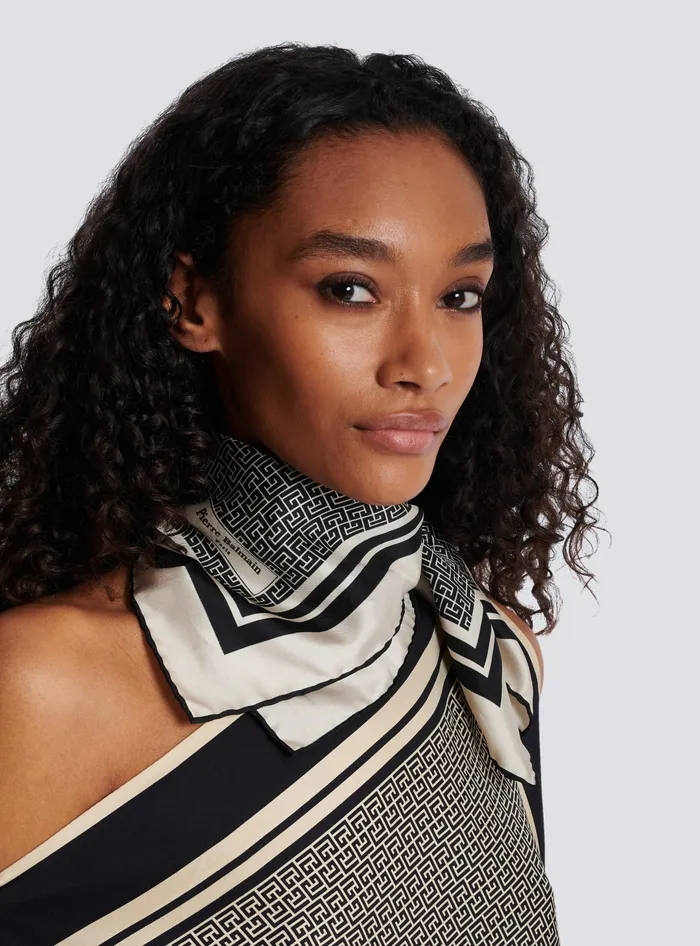 Balmain Scarves Women Square Silk Scarf With Monogram Print Black