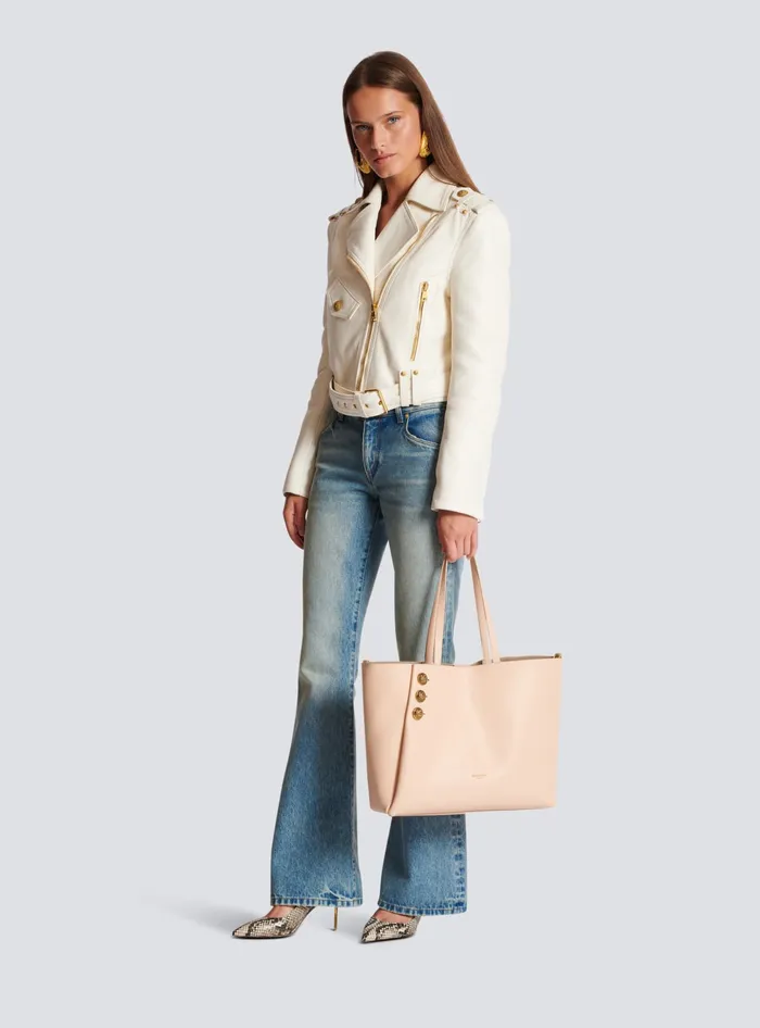 Balmain Shoulder Bags Women Emblegraveme Grained Leather Tote Bag Beige