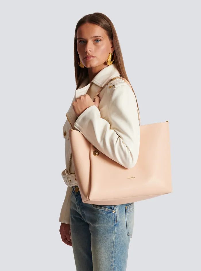 Balmain Shoulder Bags Women Emblegraveme Grained Leather Tote Bag Beige