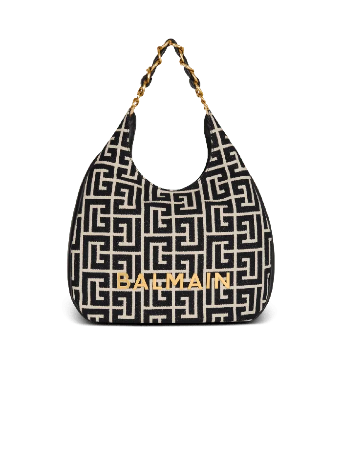Balmain Shoulder Bags Women Large 1945 Soft Hobo Bag In Jacquard Fabric With A PB Labyrinth Monogram Black