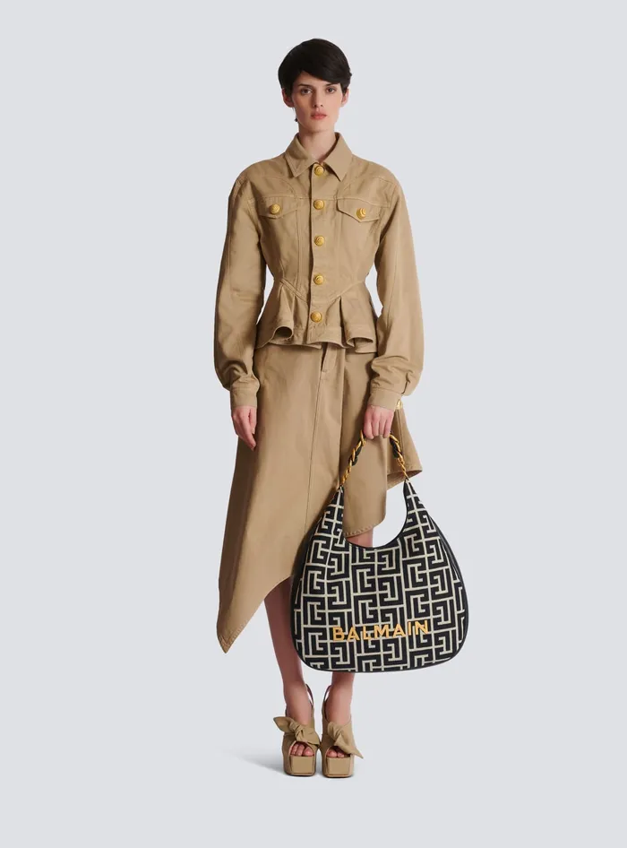 Balmain Shoulder Bags Women Large 1945 Soft Hobo Bag In Jacquard Fabric With A PB Labyrinth Monogram Black