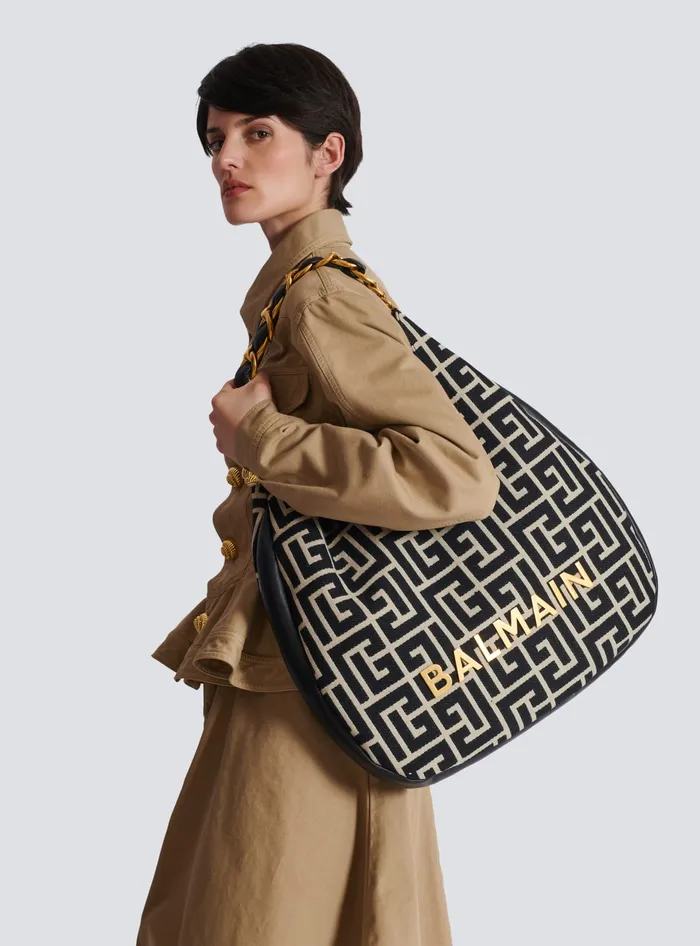 Balmain Shoulder Bags Women Large 1945 Soft Hobo Bag In Jacquard Fabric With A PB Labyrinth Monogram Black