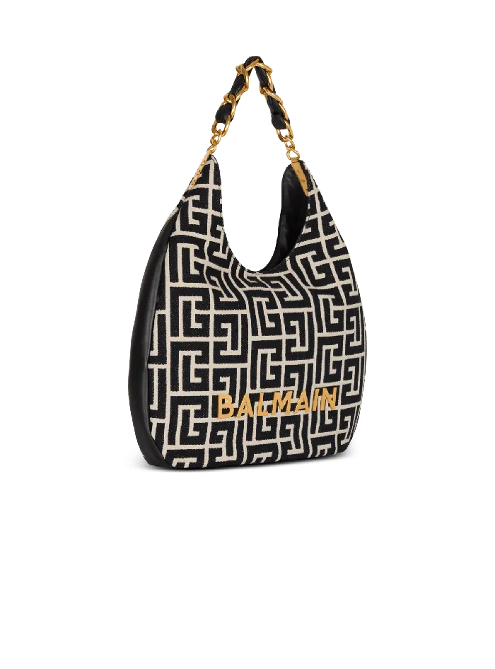 Balmain Shoulder Bags Women Large 1945 Soft Hobo Bag In Jacquard Fabric With A PB Labyrinth Monogram Black