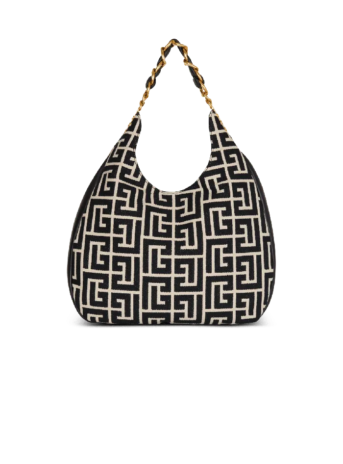 Balmain Shoulder Bags Women Large 1945 Soft Hobo Bag In Jacquard Fabric With A PB Labyrinth Monogram Black