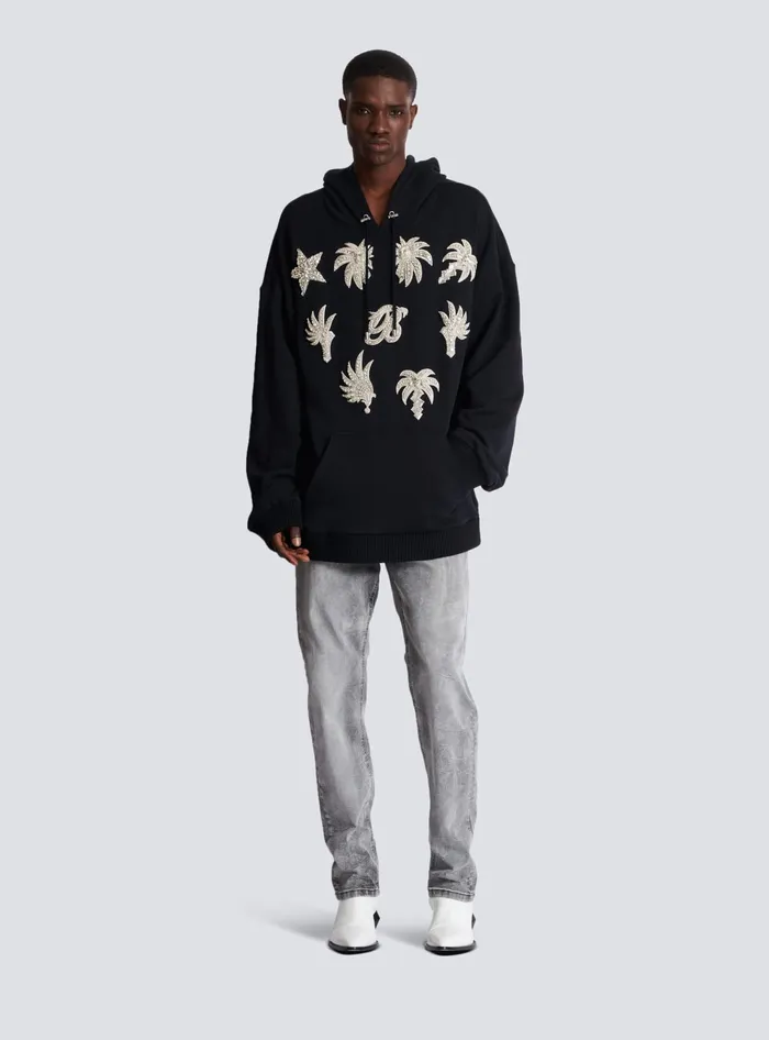 Balmain Sweatshirts Men Hoodie With Embroidered Badges Black