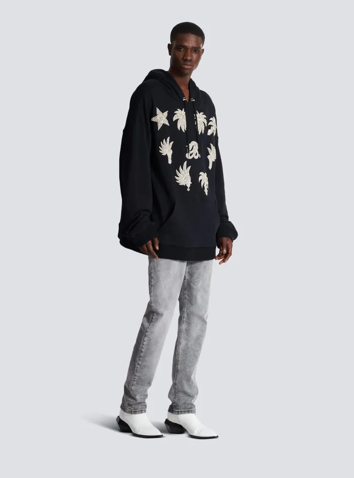 Balmain Sweatshirts Men Hoodie With Embroidered Badges Black