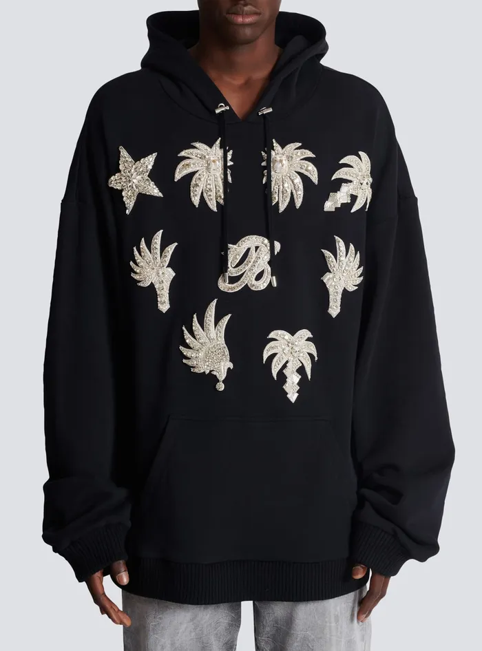Balmain Sweatshirts Men Hoodie With Embroidered Badges Black