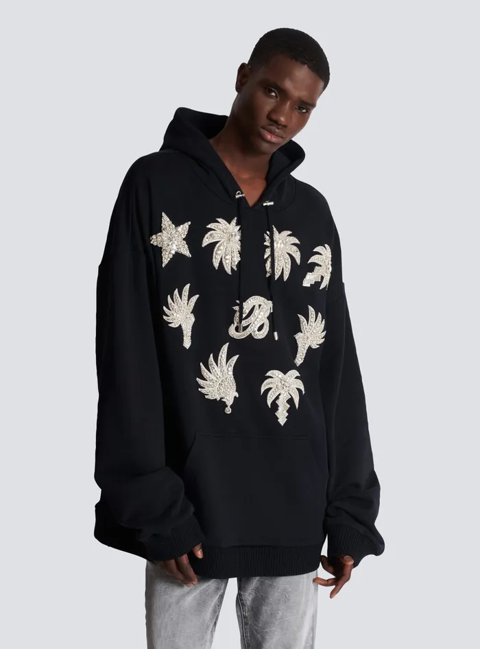 Balmain Sweatshirts Men Hoodie With Embroidered Badges Black