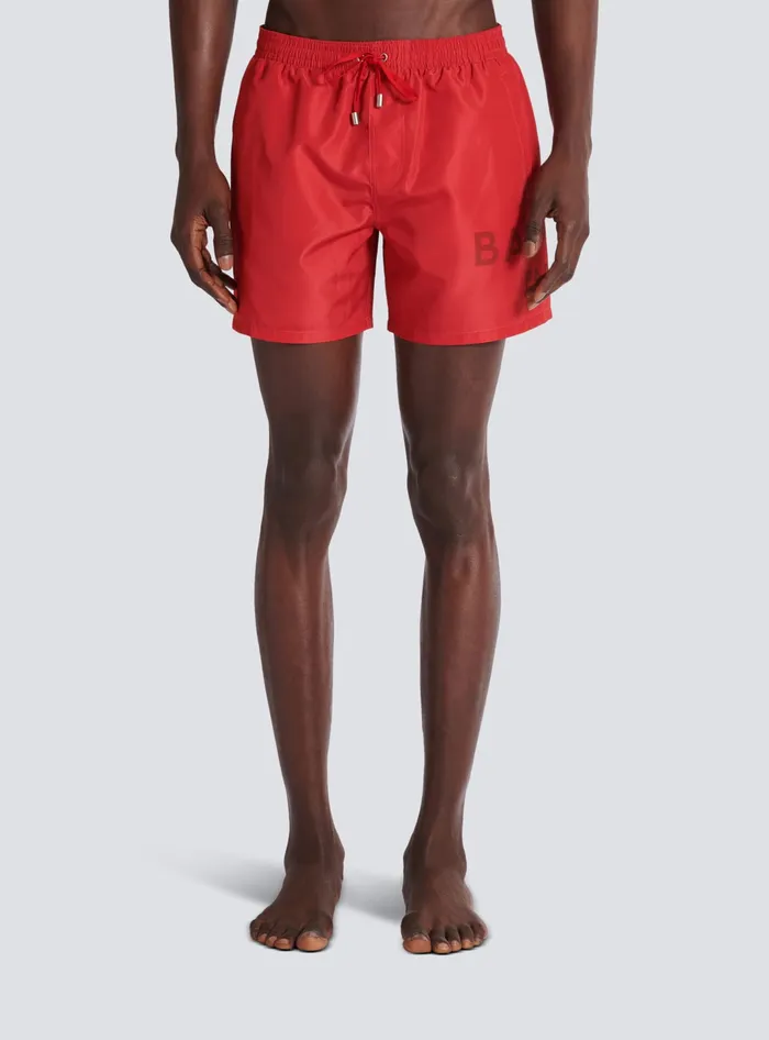 Balmain Swimwear Men Printed Paris Swim Shorts Red