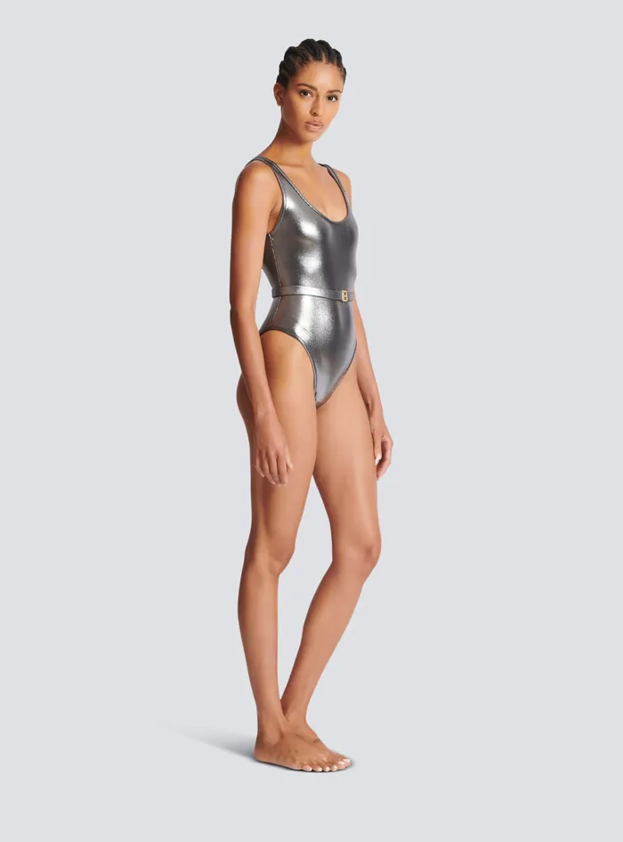 Balmain Swimwear Women B Metallic Swimsuit Silver