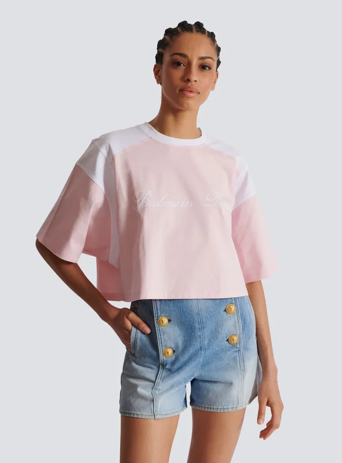 Balmain TShirts Women Twotone Tshirt With Signature Embroidery Pink