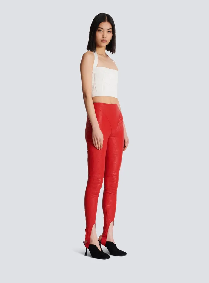 Balmain Trousers And Shorts Women Topstitched Leather Leggings Red