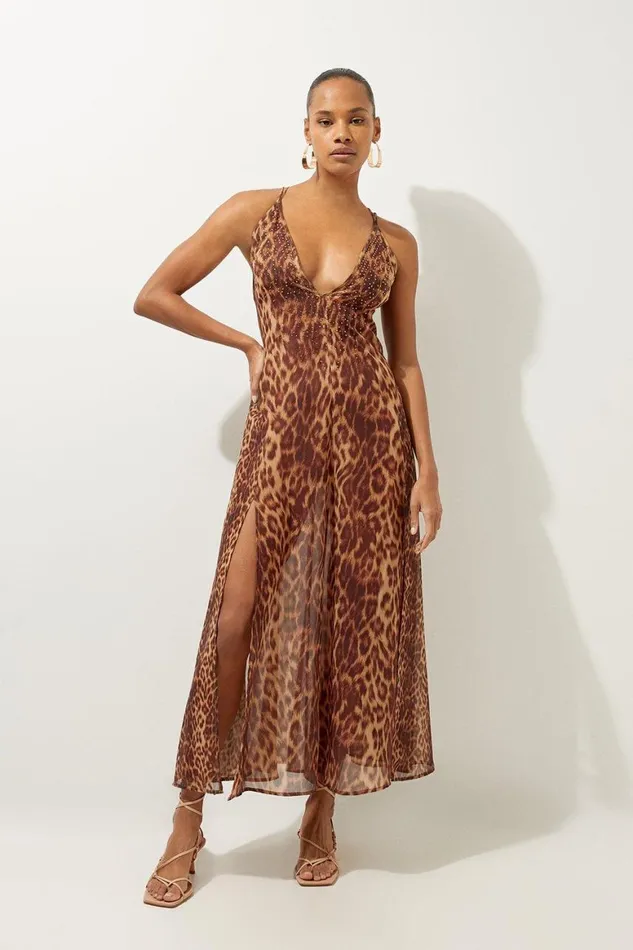 Beachwear Women Karen Millen Cheetah Print Embellished Georgette Woven Beach Maxi Dress Animal