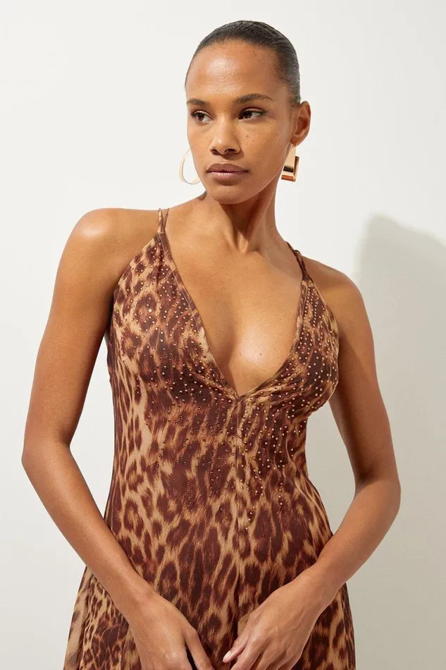 Beachwear Women Karen Millen Cheetah Print Embellished Georgette Woven Beach Maxi Dress Animal