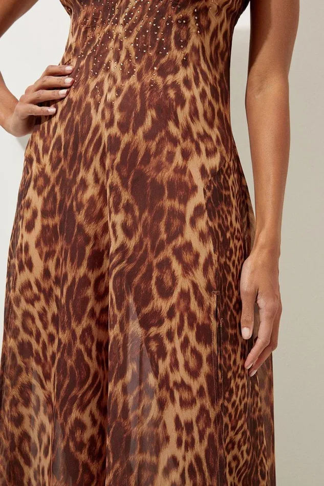 Beachwear Women Karen Millen Cheetah Print Embellished Georgette Woven Beach Maxi Dress Animal