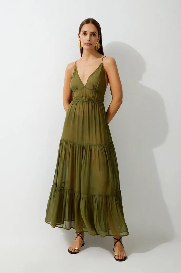 Beachwear Women Karen Millen Viscose Georgette Woven Beach Maxi Dress Olive