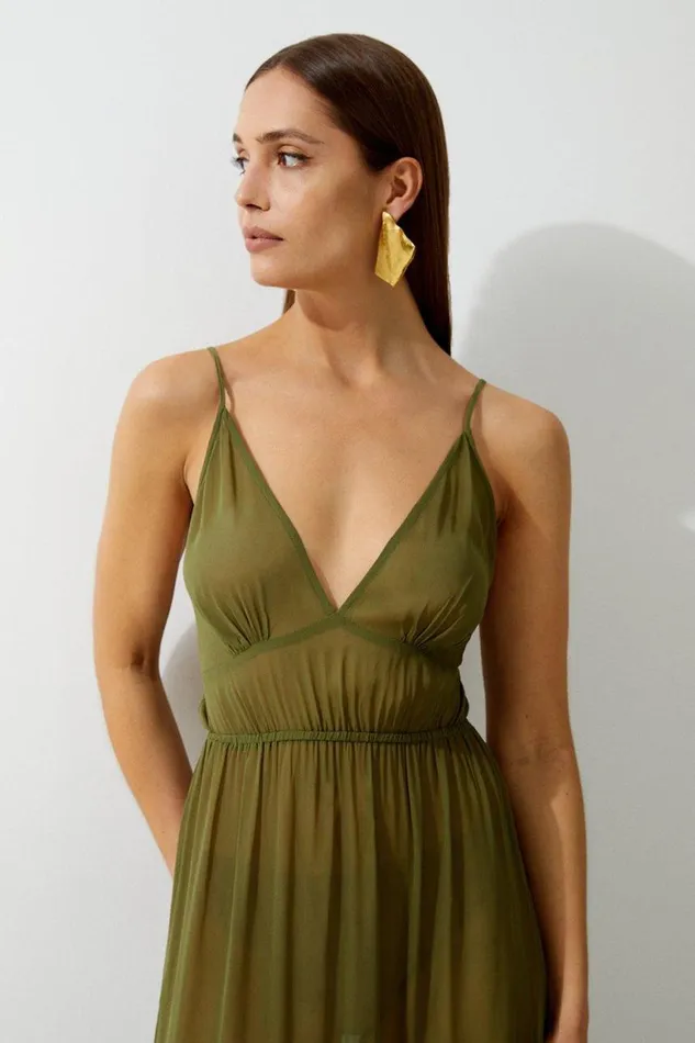Beachwear Women Karen Millen Viscose Georgette Woven Beach Maxi Dress Olive