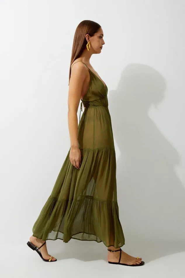 Beachwear Women Karen Millen Viscose Georgette Woven Beach Maxi Dress Olive