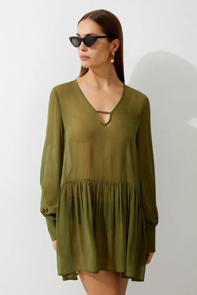 Beachwear Women Karen Millen Viscose Georgette Woven Beach Mini Dress Olive