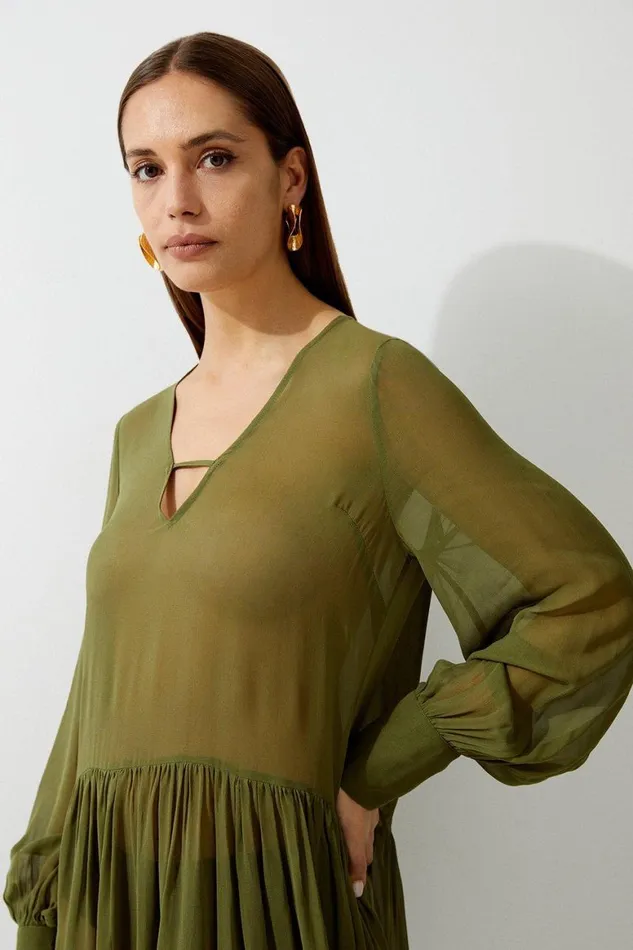 Beachwear Women Karen Millen Viscose Georgette Woven Beach Mini Dress Olive