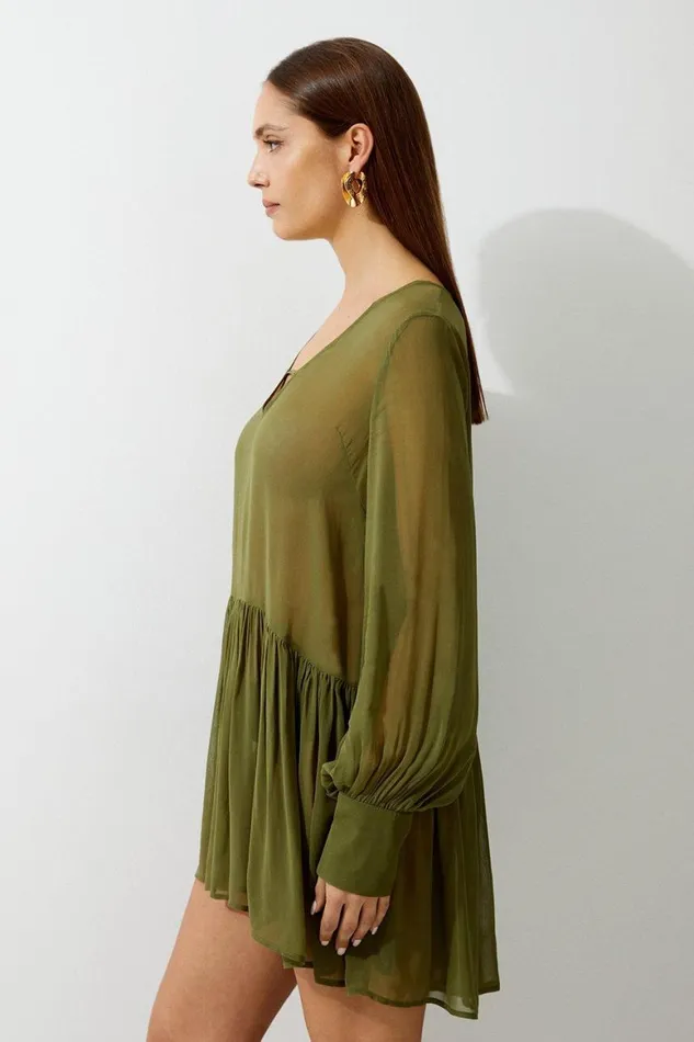 Beachwear Women Karen Millen Viscose Georgette Woven Beach Mini Dress Olive