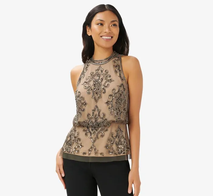 Beaded Dresses Womens Adrianna Papell HandBeaded Blouson Halter Top In Lead Nude