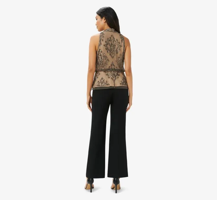 Beaded Dresses Womens Adrianna Papell HandBeaded Blouson Halter Top In Lead Nude