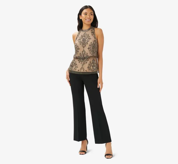 Beaded Dresses Womens Adrianna Papell HandBeaded Blouson Halter Top In Lead Nude