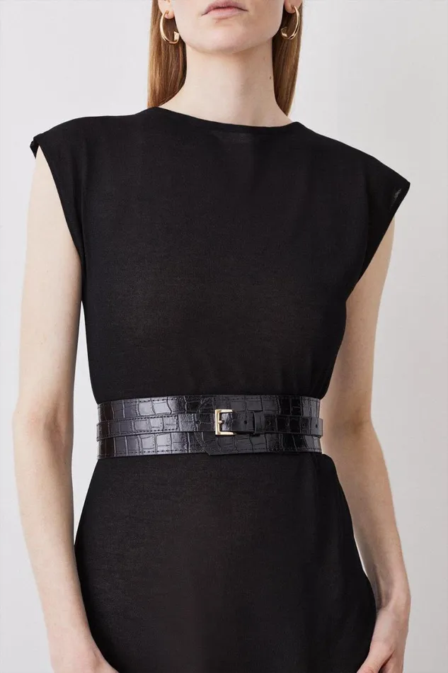 Belts Women Karen Millen Leather Croc Textured Statement Belt