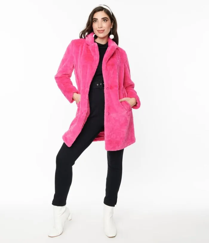 Berry Pink Fur Long Coat ClothingPlus Unique Vintage Jackets