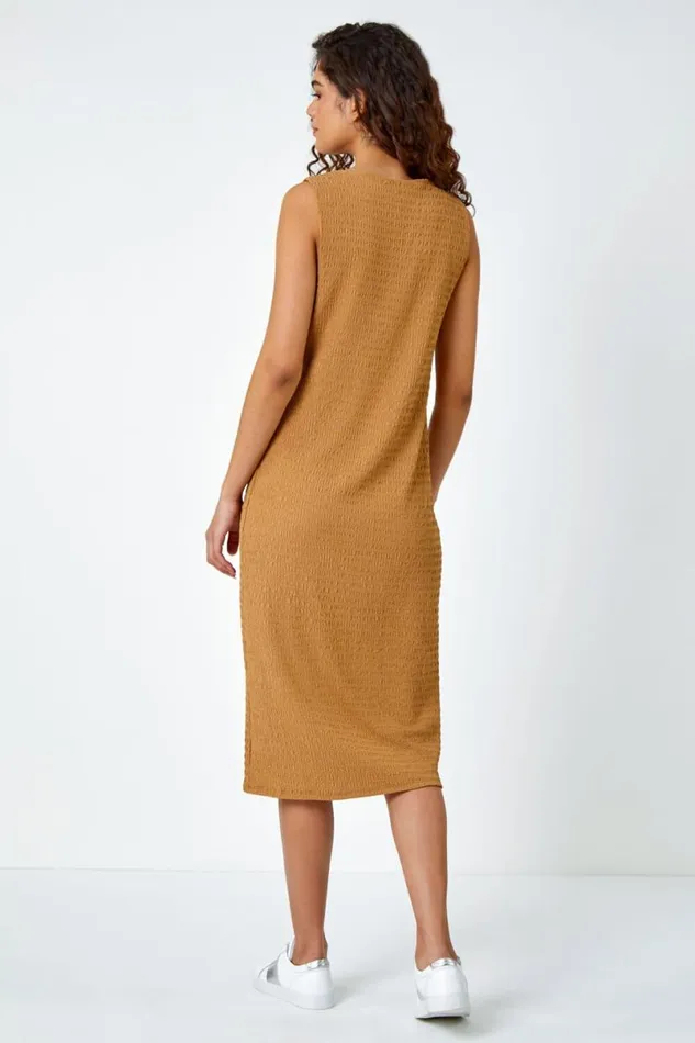 Biscuit Sleeveless Textured Midi Stretch Dress Women Roman Dresses