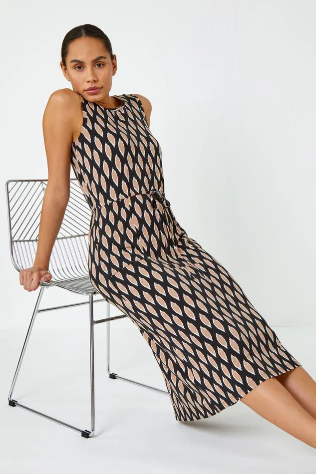 Black Abstract Print Drawcord Stretch Midi Dress Women Roman Dresses
