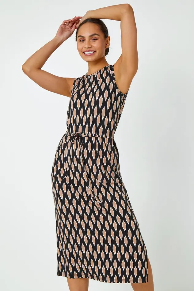 Black Abstract Print Drawcord Stretch Midi Dress Women Roman Dresses