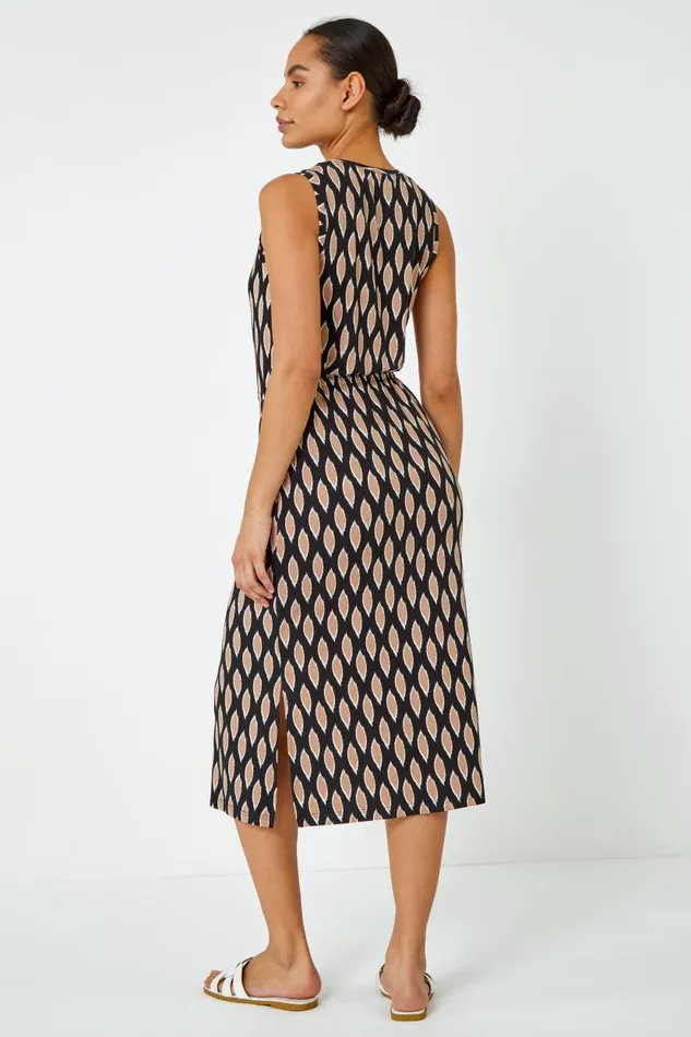 Black Abstract Print Drawcord Stretch Midi Dress Women Roman Dresses