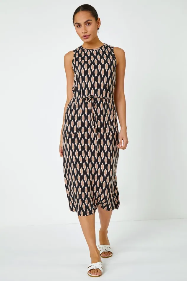 Black Abstract Print Drawcord Stretch Midi Dress Women Roman Dresses