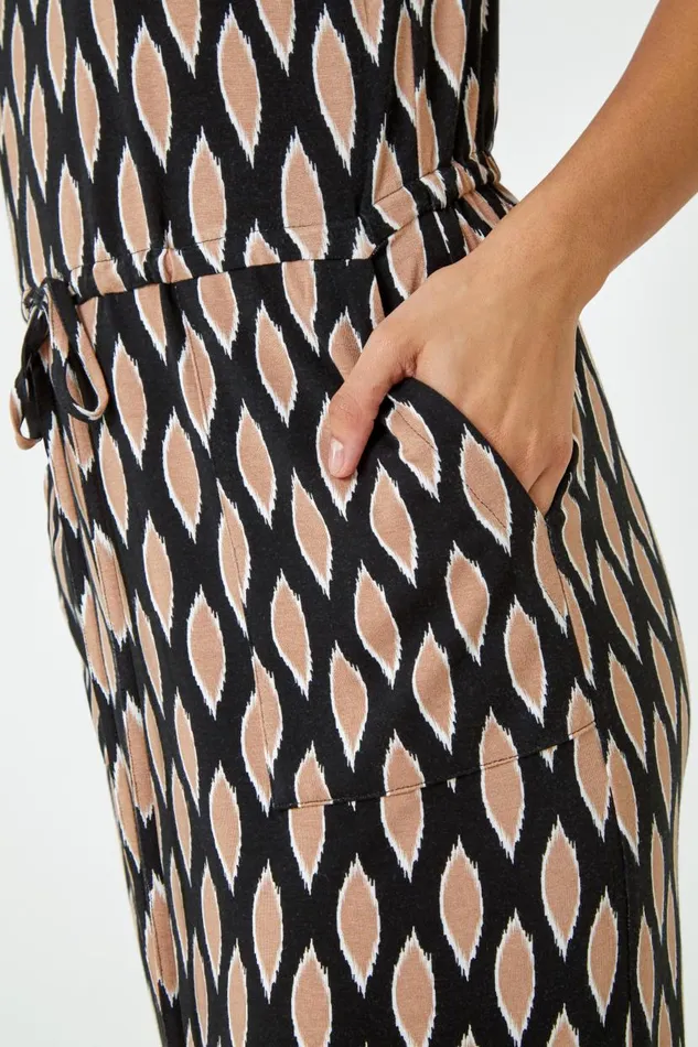 Black Abstract Print Drawcord Stretch Midi Dress Women Roman Dresses